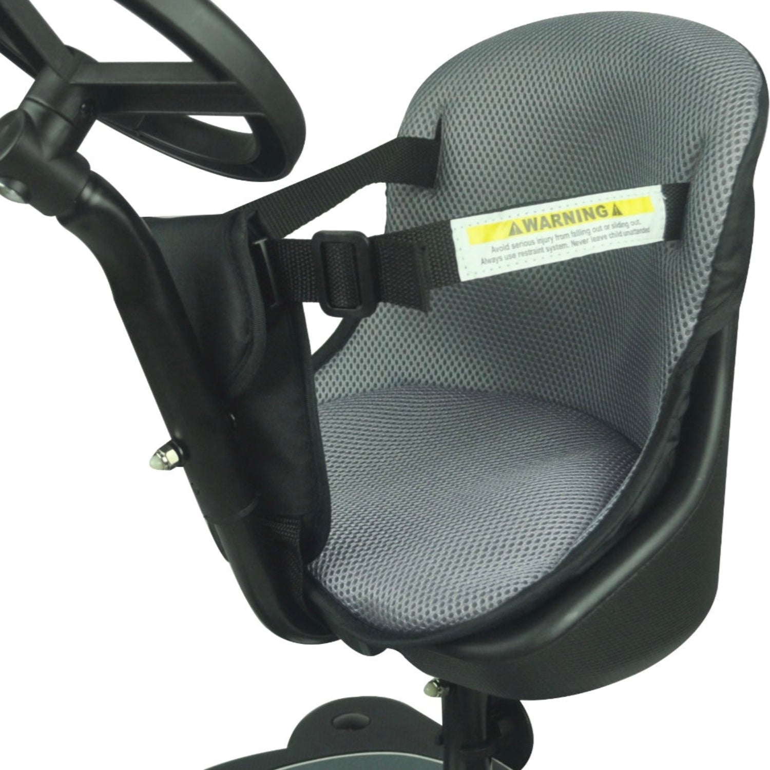 Replacement fabric seat for Roma 4 Rider and Roma Uptown Rider, featuring a black frame and gray fabric.
