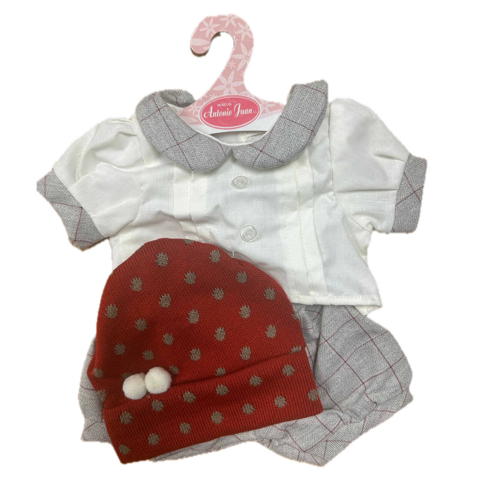 Antonio Juan Clothing for 40–42cm Dolls – Grey Check & Red Hat 2-Piece Outfit