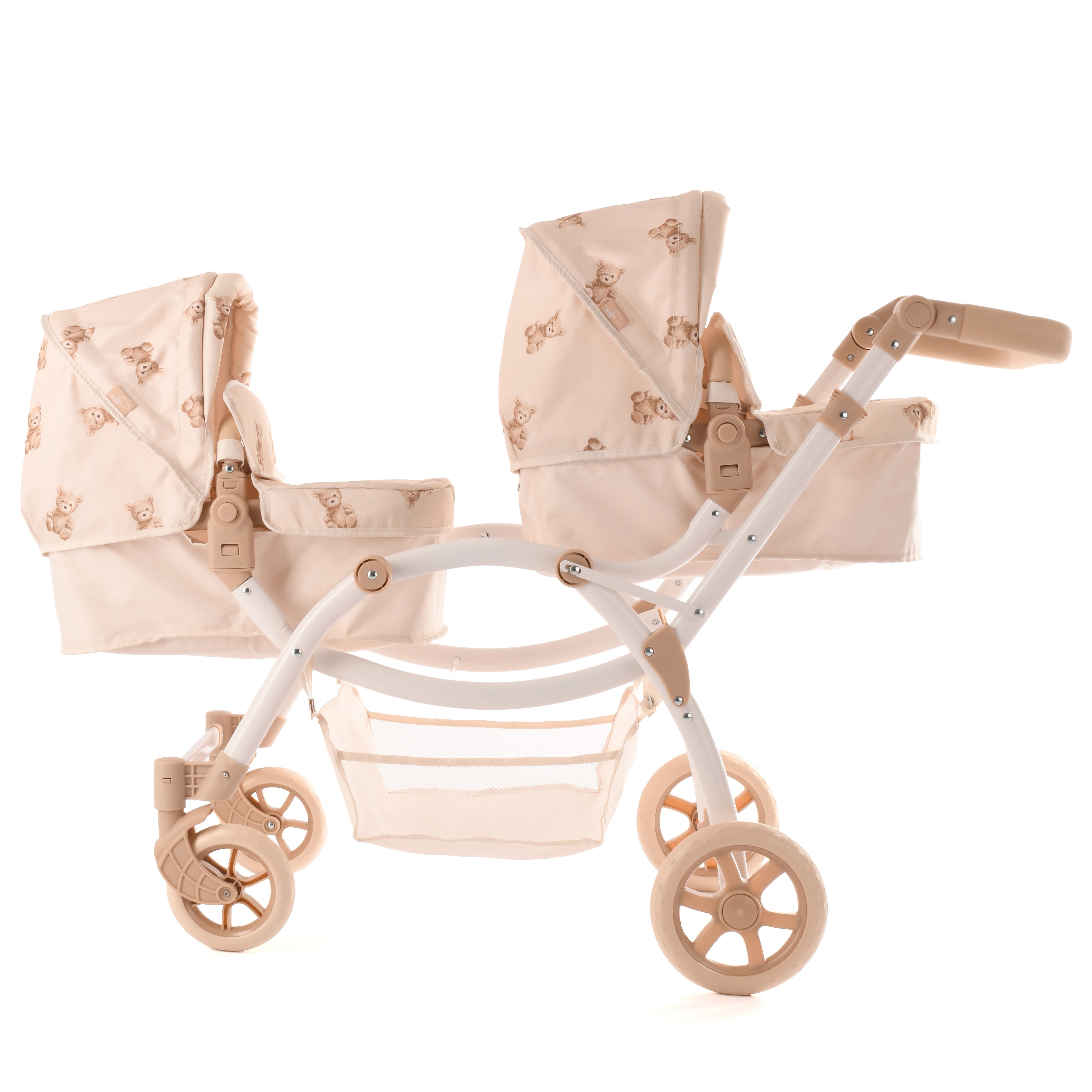 Roma Teddy Twin Dolls Pram – Double Dolls Buggy Pushchair for 36–45cm Dolls, Adjustable Handle 50–88cm, Foldable Frame, Matching Changing Bag