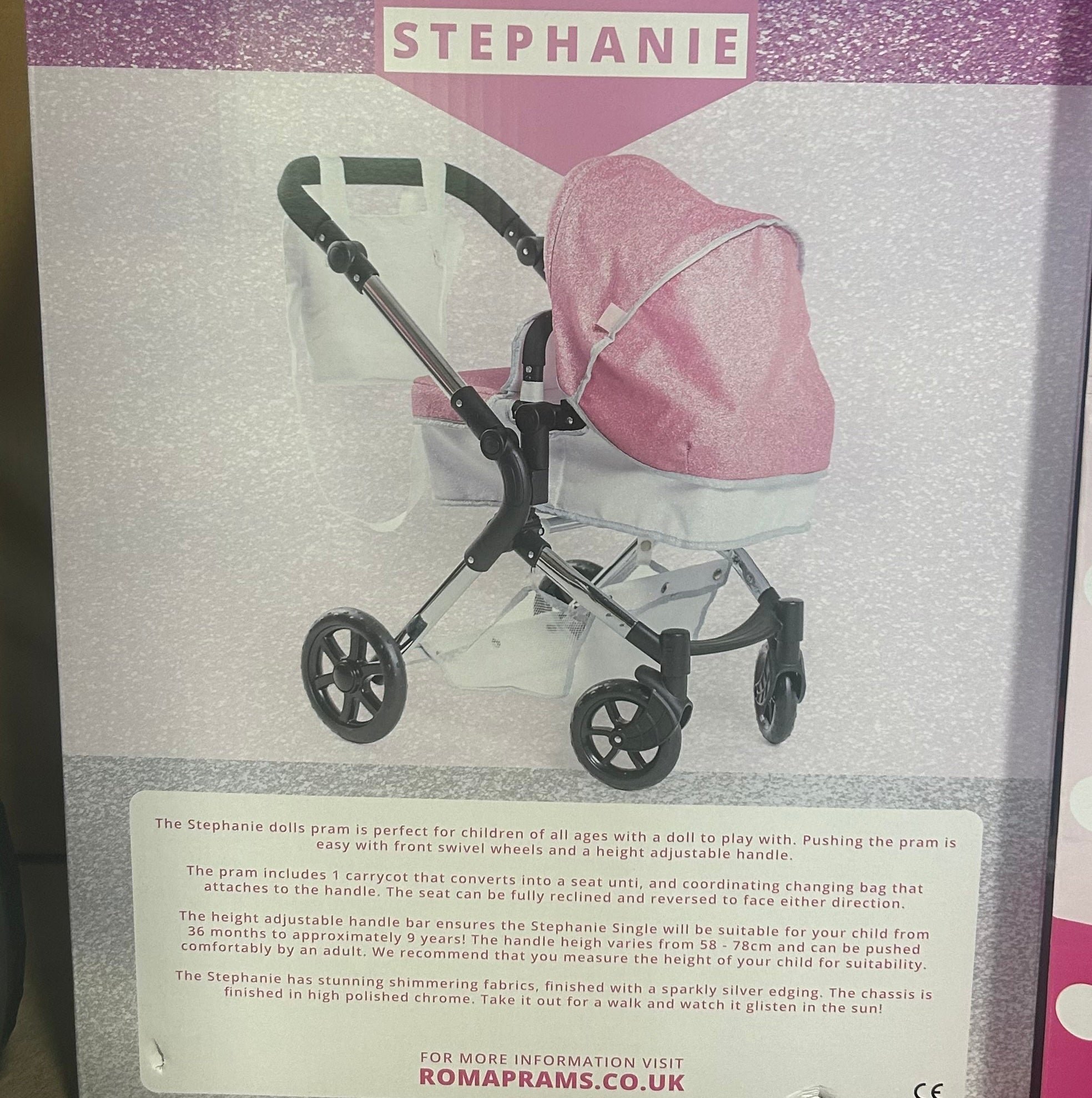 Warehouse Clearance Roma Stephanie Single Dolls Pram - Sparkle 3+ years 78cm