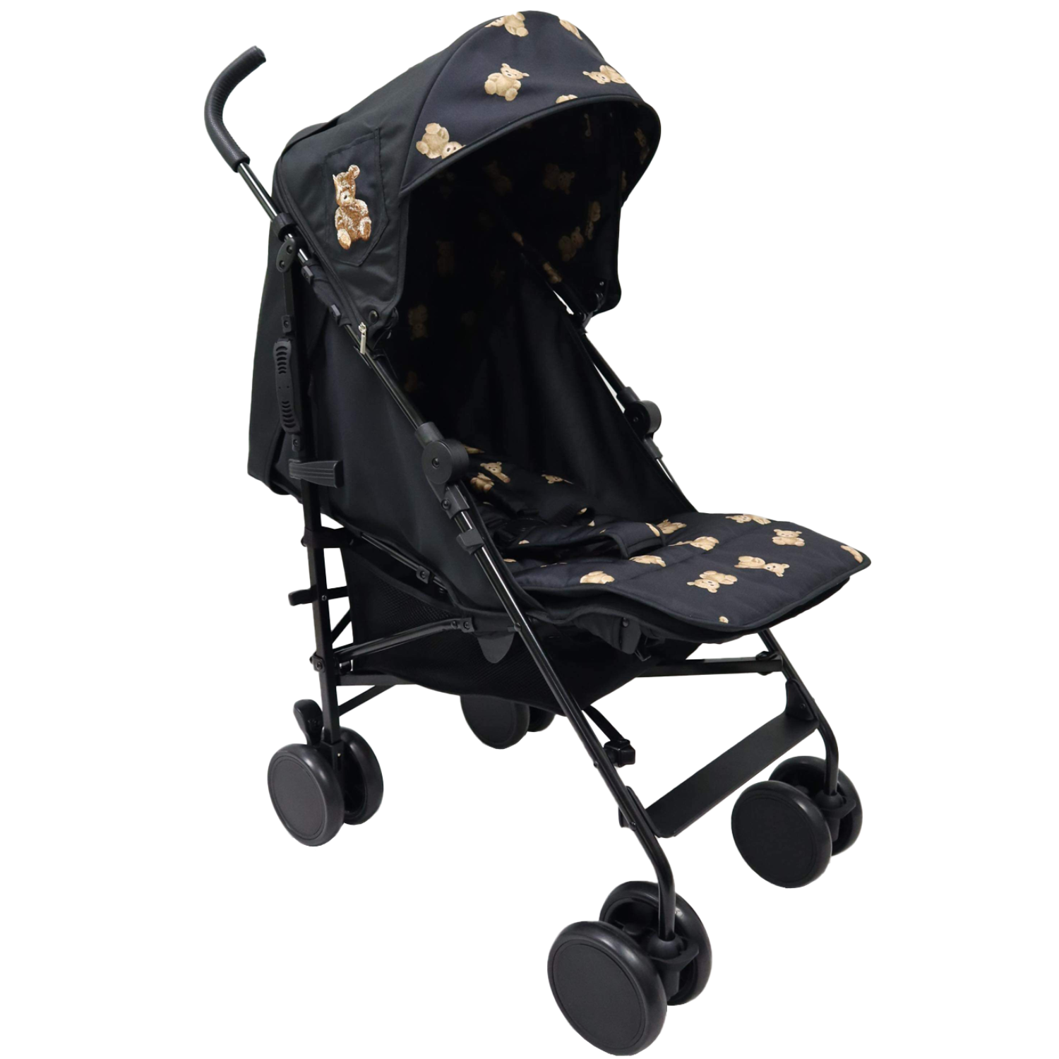 A black Roma Star umbrella fold stroller with teddy bear design, featuring PU leather handles and a padded liner, set against a white background.