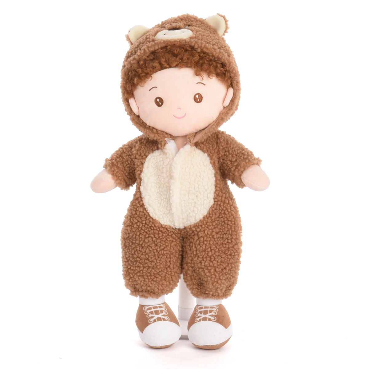 A plush doll dressed in a brown teddy bear onesie with a cream-colored belly patch and matching ear details on the hood, standing against a plain white background.
