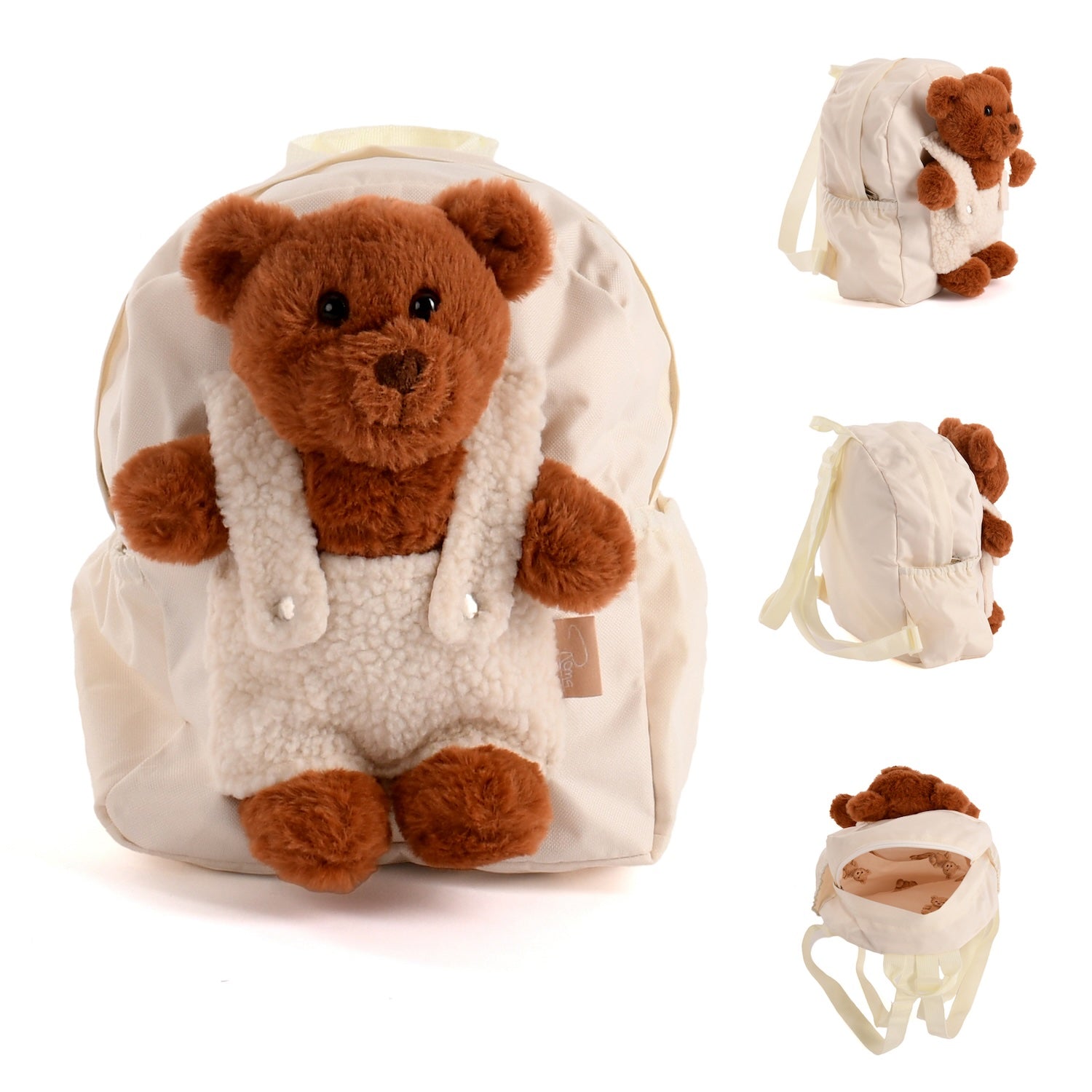 A white rucksack featuring a removable teddy bear design on the front pocket. The bag is shown from multiple angles, displaying the teddy bear both attached and detached from the bag.