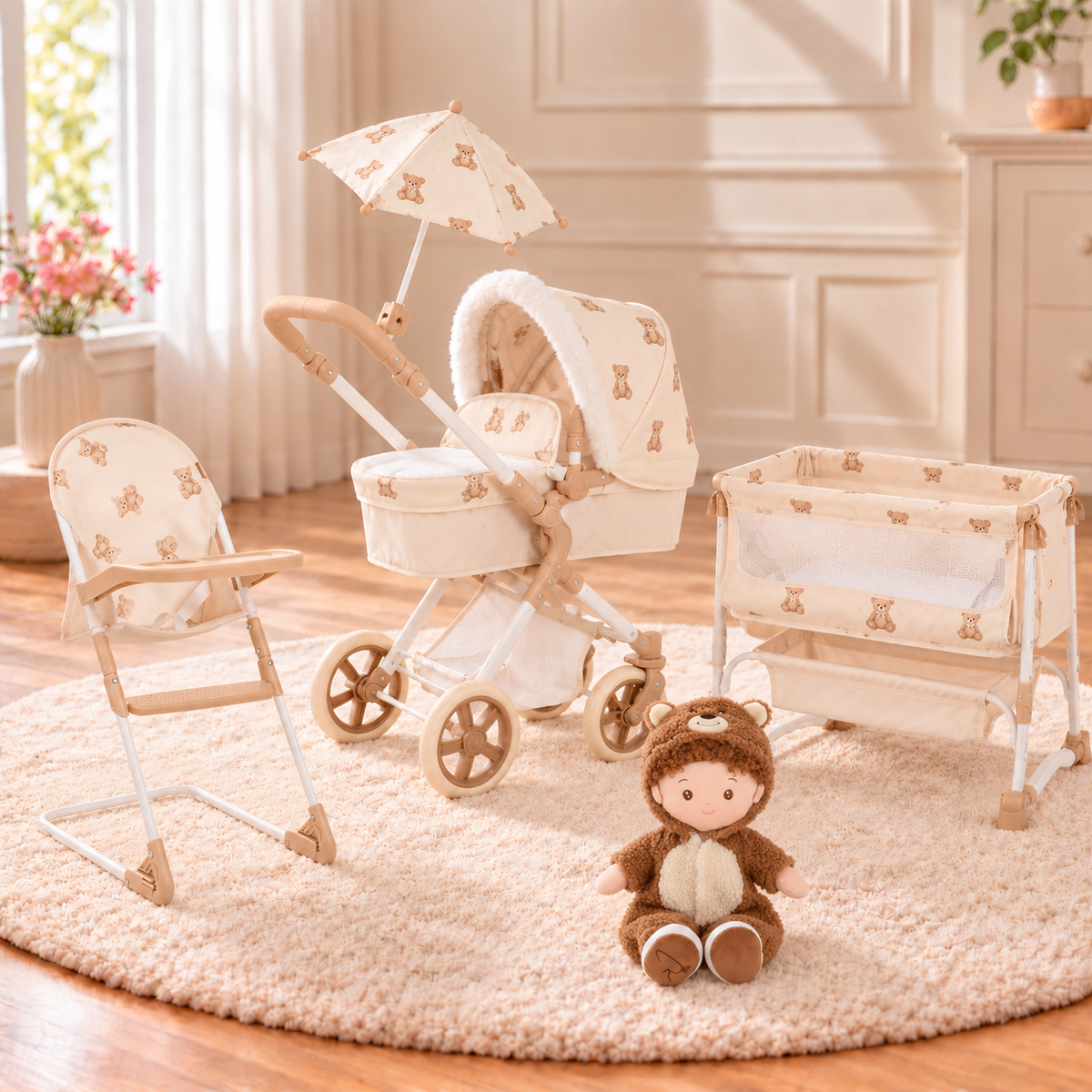 Roma Teddy Dolls Pram and Nursery 9 Piece Bundle Box