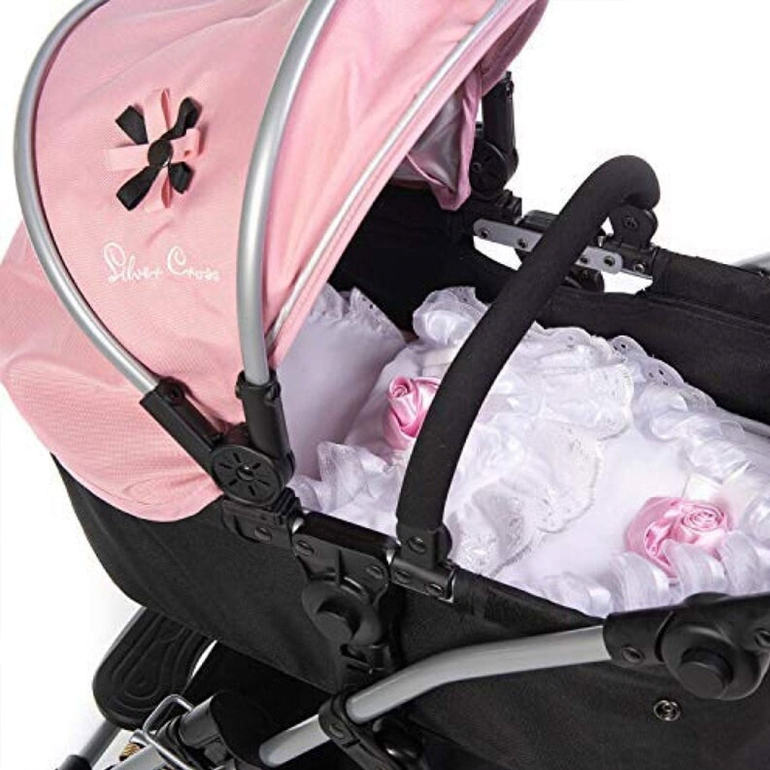 Roma Dolls Pram Bedding Set - White with Pink Rose