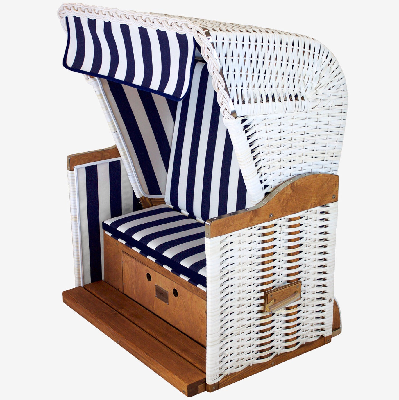 A beach chair with blue and white stripes on the backrest, seat, and armrests, made of wicker and wood, with a drawer for storage.