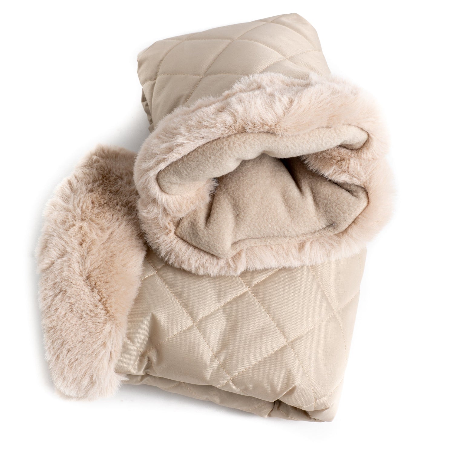 Beige quilted Pram Mitts with fur trim on a white background
