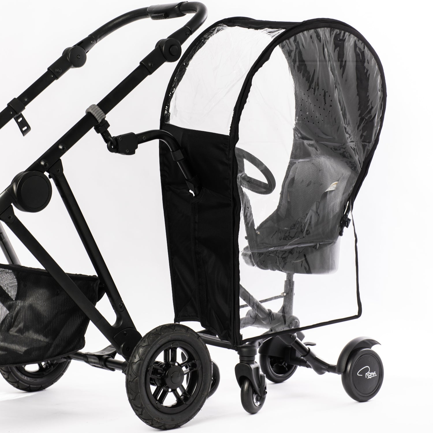 A black Roma 4 Rider and Uptown Rain Cover fitted on a stroller, designed to protect from the elements.