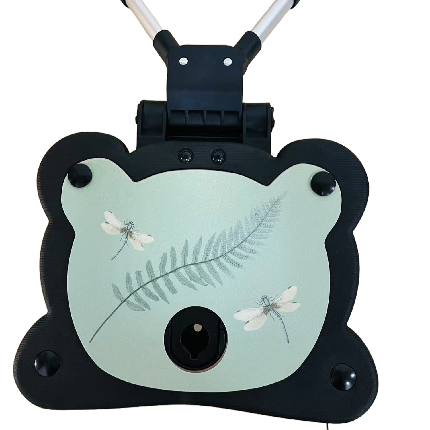 A Roma 4 Rider toddler seat attachment for a pram, featuring a black frame with a green and black bear face design, equipped with a steering wheel and four wheels.