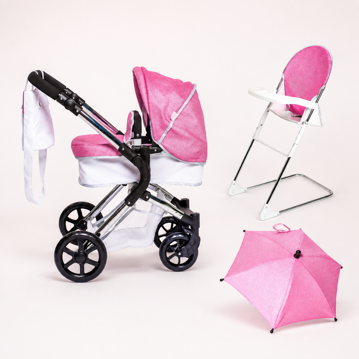 Roma Stephanie Dolls Pram, Highchair and Parasol Complete Bundle