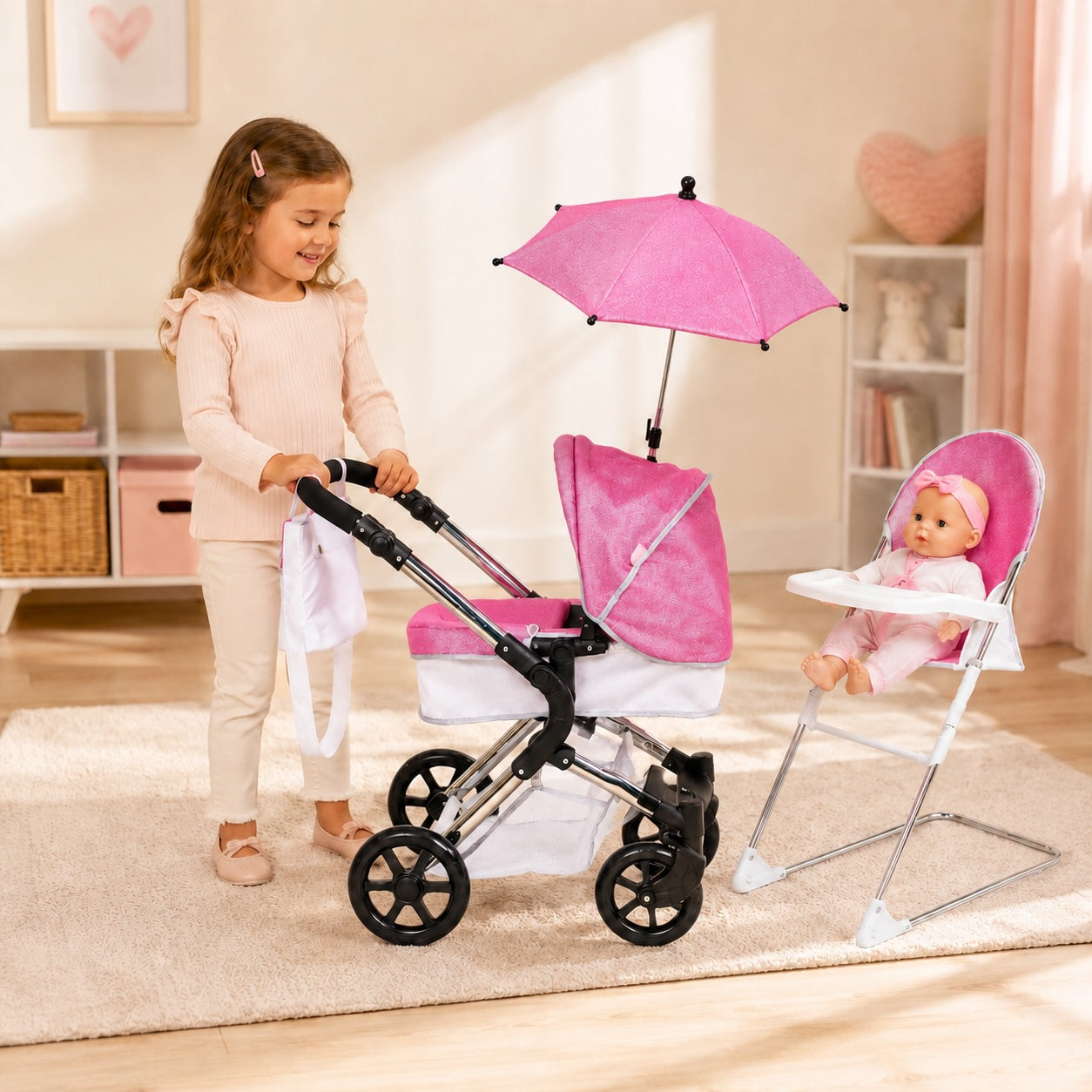 Roma Stephanie Dolls Pram, Highchair and Parasol Complete Bundle