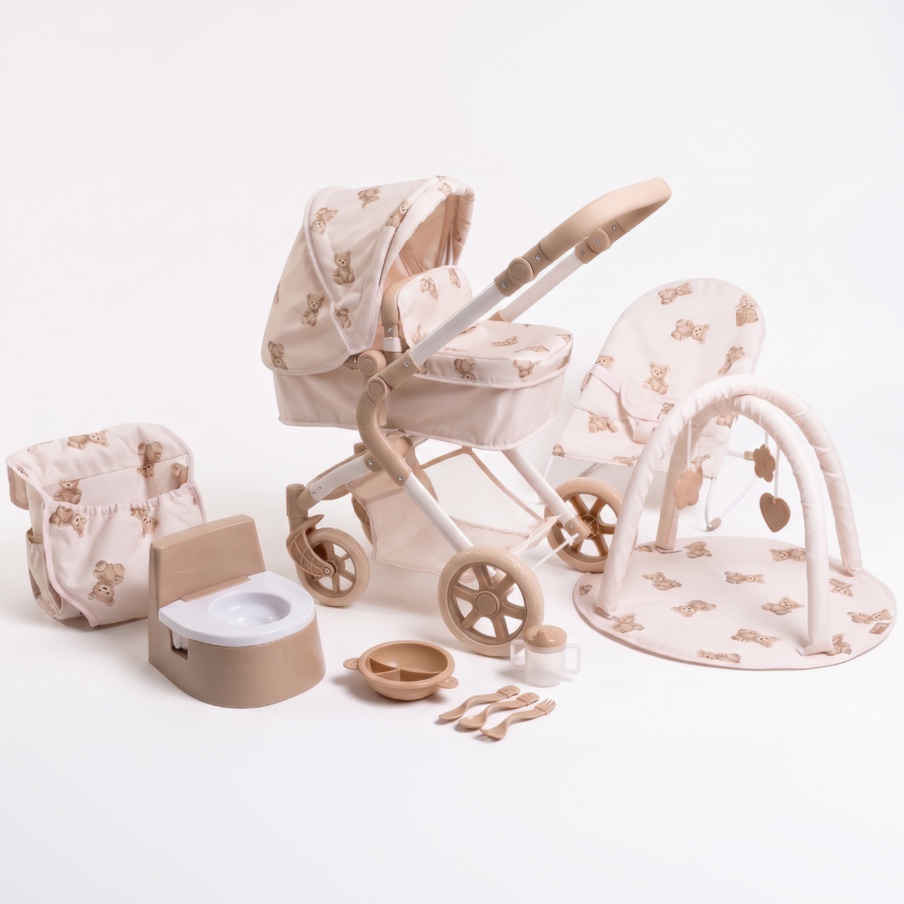 Roma Teddy Doll Pram & 10-in-1 Nursery Accessories Mega Bundle