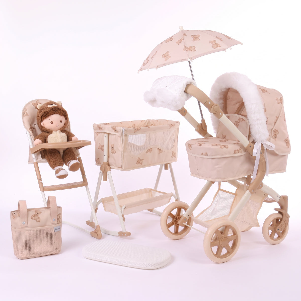 Roma Teddy Dolls Pram and Nursery 9 Piece Bundle Box