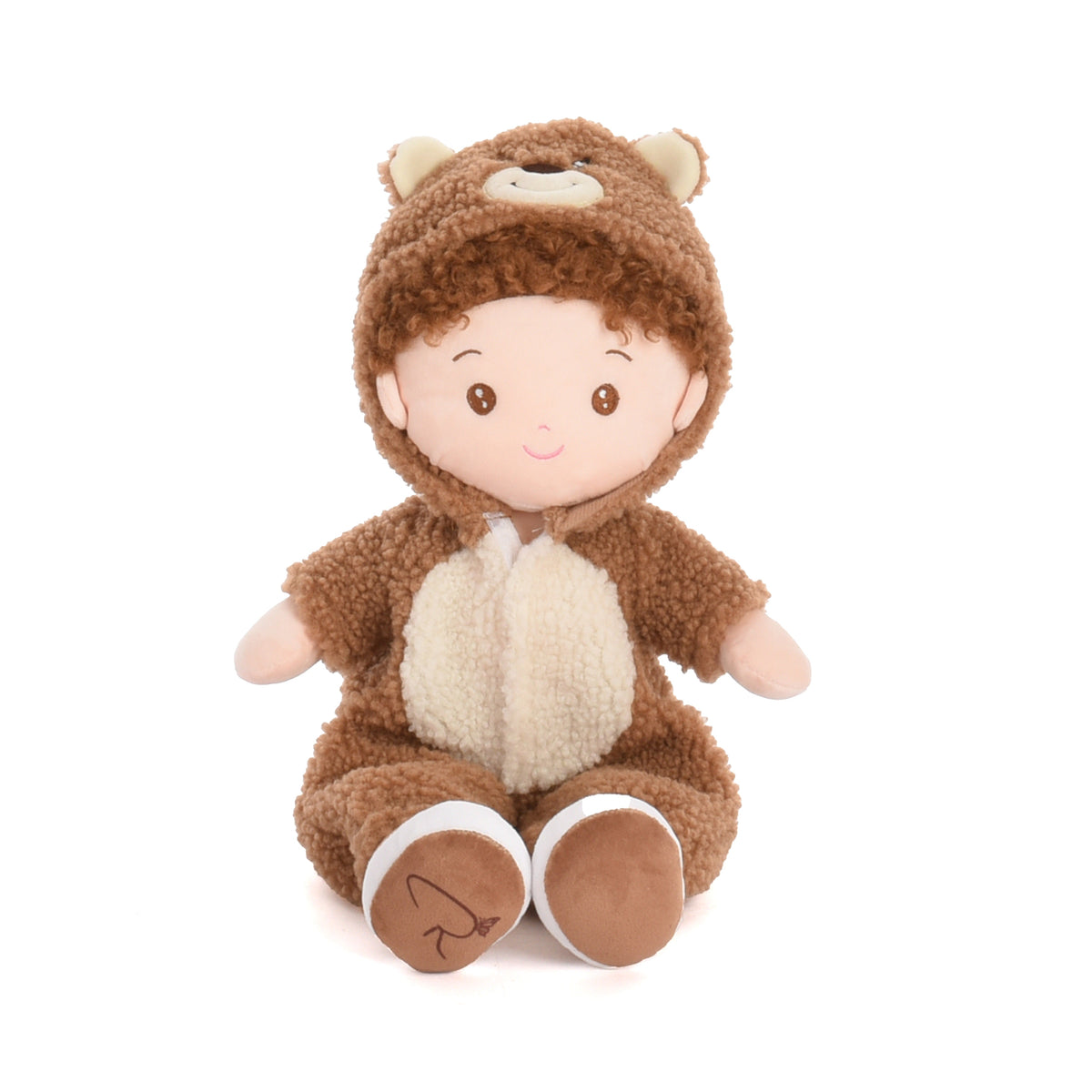 A plush teddy bear doll wearing a brown sherpa onesie with a cream-colored belly patch and matching hood, seated against a plain white background.