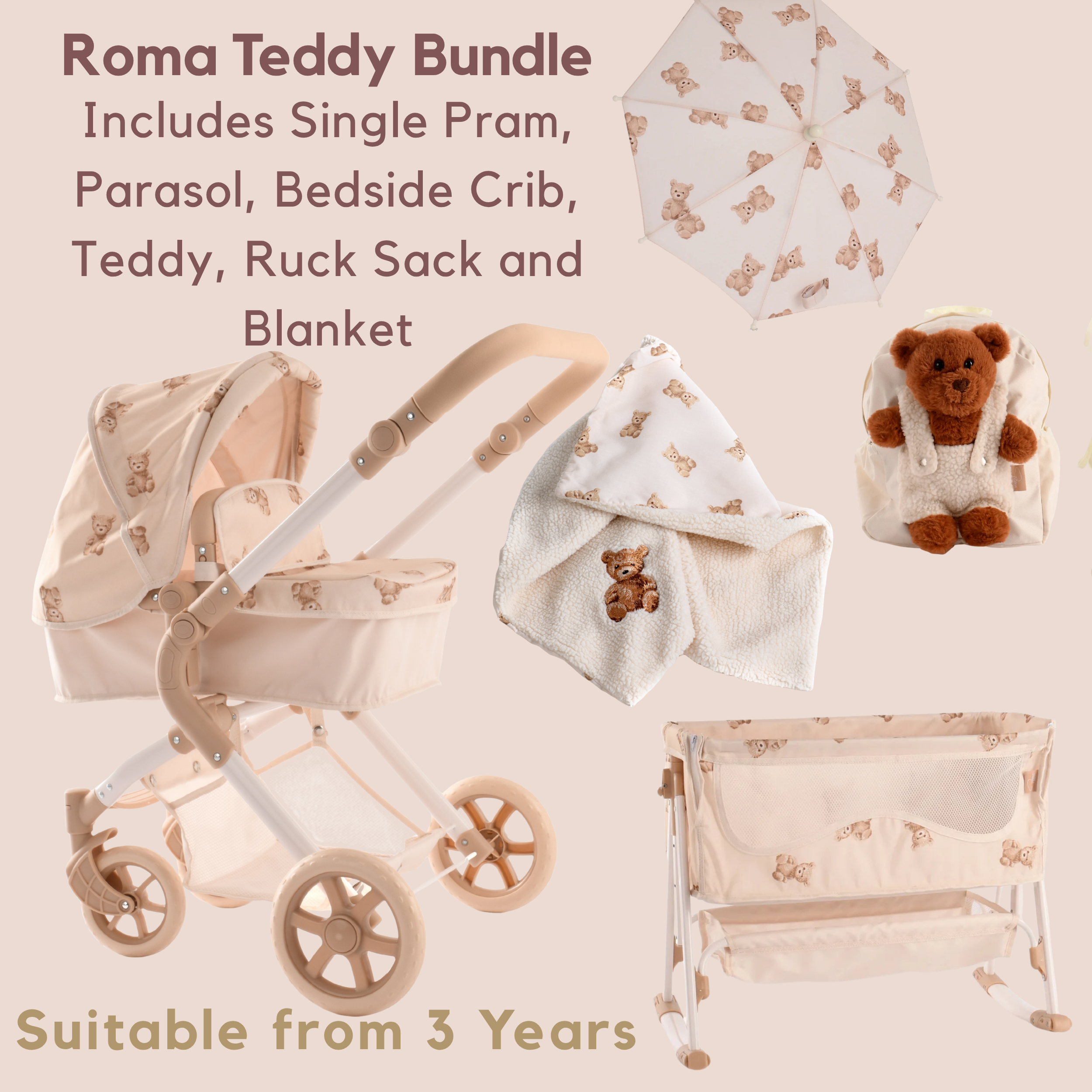 Roma Teddy Single, Bedside Crib, Rucksack, Teddy and Parasol
